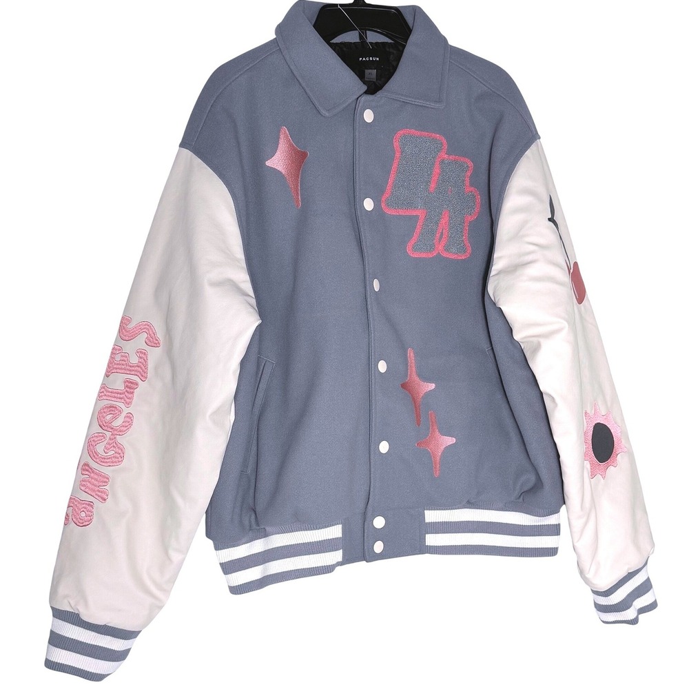 PacSun Varsity Jacket XL Mens Blue Grey Cream LA‎ Graphic Patch Bomber ($225)